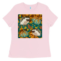 Bubblegum Pink hedgehog and pumpkins seamless pattern Ladies Tee - BundleAndBundleShop
