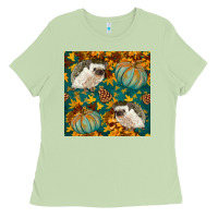 Matcha hedgehog and pumpkins seamless pattern Ladies Tee - BundleAndBundleShop