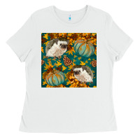 White hedgehog and pumpkins seamless pattern Ladies Tee - BundleAndBundleShop