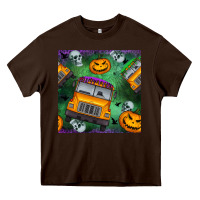 Chocolate Brown halloween bus and pumpkin seamless pattern Heavy Core Tee - BundleAndBundleShop