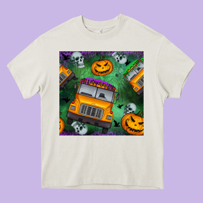 Halloween Bus And Pumpkin Seamless Pattern Heavy Core Tee Designed By Bundleandbundleshop