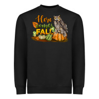 Black Here Comes Fall Owl Heavyweight Sweatshirt - LillyAllenDesigns