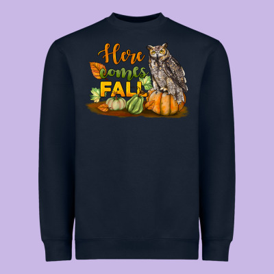 Here Comes Fall Owl Heavyweight Sweatshirt Designed By Lillyallendesigns