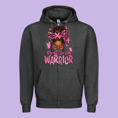 Brest Cancer Warrior Afro Messy Bun Zipper Hoodie Designed By Texasbilliewilder