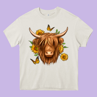 Sunflowers Long Haired Cow Heavy Core Tee Designed By Jasminsmagicworld