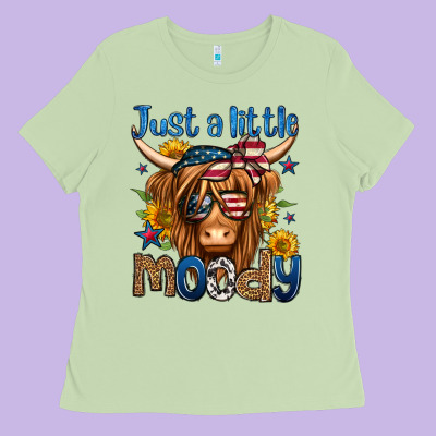 Just A Little Moody 4th Of July Long Haired Cow Ladies Tee Designed By Jasminsmagicworld