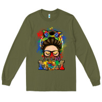 Army Green autism mom messy bun Long Sleeve Tee - LillyAllenDesigns