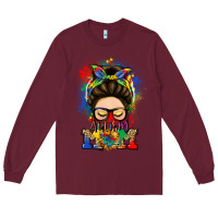Burgundy autism mom messy bun Long Sleeve Tee - LillyAllenDesigns