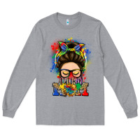 Heather Grey autism mom messy bun Long Sleeve Tee - LillyAllenDesigns