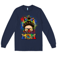 Navy autism mom messy bun Long Sleeve Tee - LillyAllenDesigns