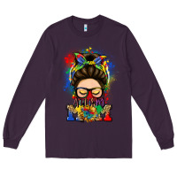 Plum autism mom messy bun Long Sleeve Tee - LillyAllenDesigns
