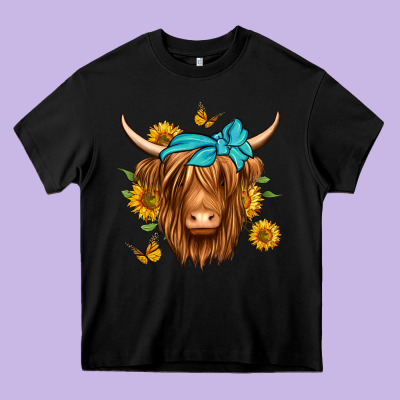 Sunflower Long Haired Cow Heavy Core Tee Designed By Jasminsmagicworld