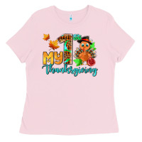 Bubblegum Pink my first thanksgiving with turkey Ladies Tee - AdoDesignShop