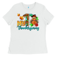White my first thanksgiving with turkey Ladies Tee - AdoDesignShop