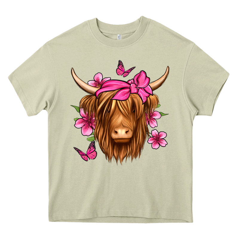 Floral Pink Bandana Longhaired Cow Heavy Core Tee by Jasminsmagicworld | Teevron