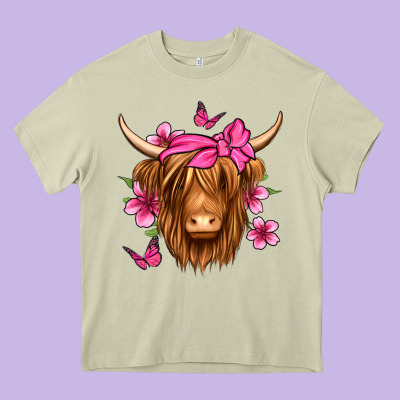 Floral Pink Bandana Longhaired Cow Heavy Core Tee Designed By Jasminsmagicworld