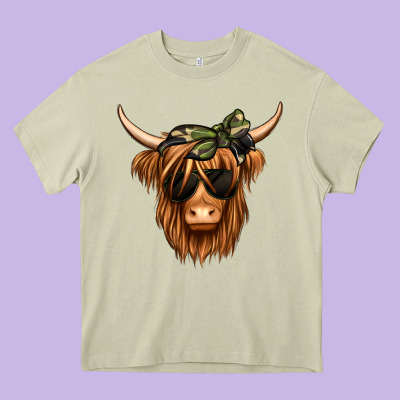 Camouflage Long Haired Cow Heavy Core Tee Designed By Jasminsmagicworld