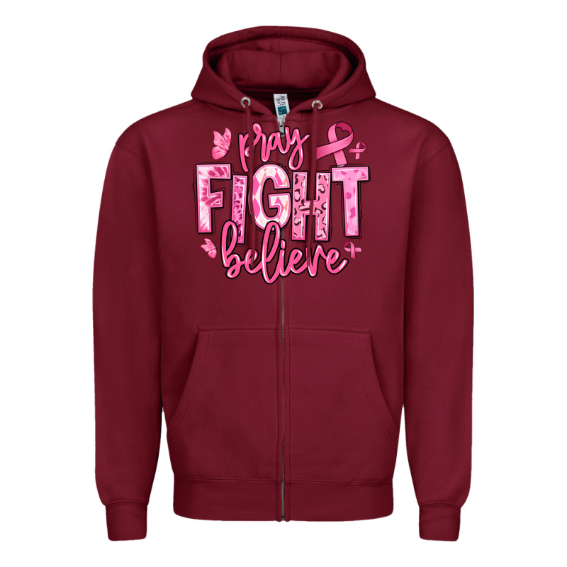 Pray Fight Believe Breast Cancer Zipper Hoodie by texasbilliewilder | Teevron