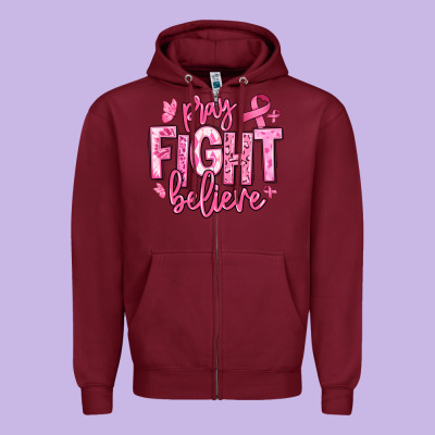Pray Fight Believe Breast Cancer Zipper Hoodie Designed By Texasbilliewilder