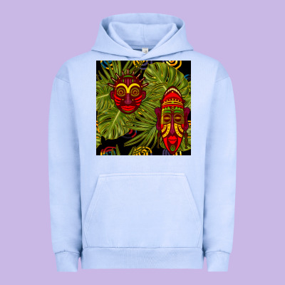 African Masks And Monstera Leaf Seamless Pattern Urban Hoodie Designed By Bundleandbundleshop