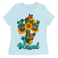 Baby Blue cross with butterfly blessed Ladies Tee - BundleAndBundleShop