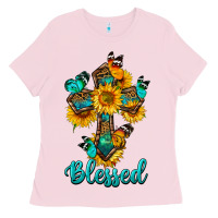 Bubblegum Pink cross with butterfly blessed Ladies Tee - BundleAndBundleShop