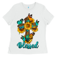 White cross with butterfly blessed Ladies Tee - BundleAndBundleShop