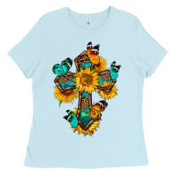 Baby Blue cross with butterfly Ladies Tee - BundleAndBundleShop
