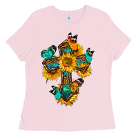 Bubblegum Pink cross with butterfly Ladies Tee - BundleAndBundleShop