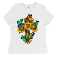 White cross with butterfly Ladies Tee - BundleAndBundleShop