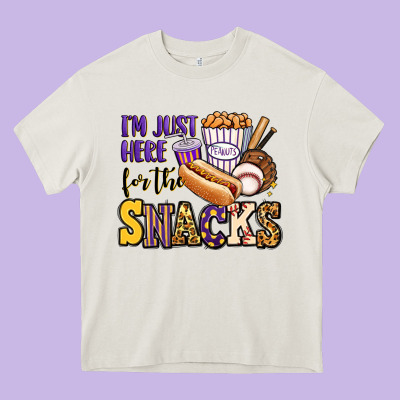 I'm Just Here For The Snacks Baseball Purple And G Heavy Core Tee Designed By Jasminsmagicworld