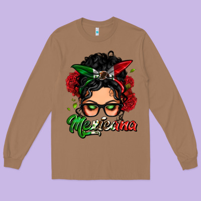Mexicana Woman Messy Bun Long Sleeve Tee Designed By Lillyallendesigns