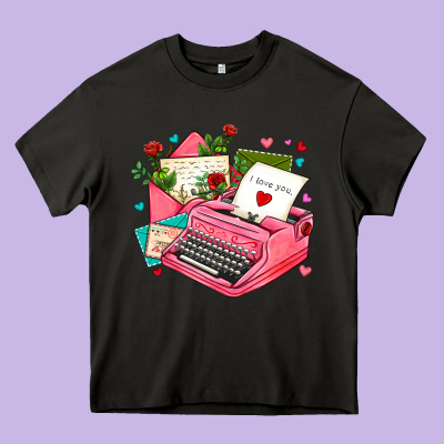 Pink Typewriter And Letters Heavy Core Tee Designed By Adodesignshop