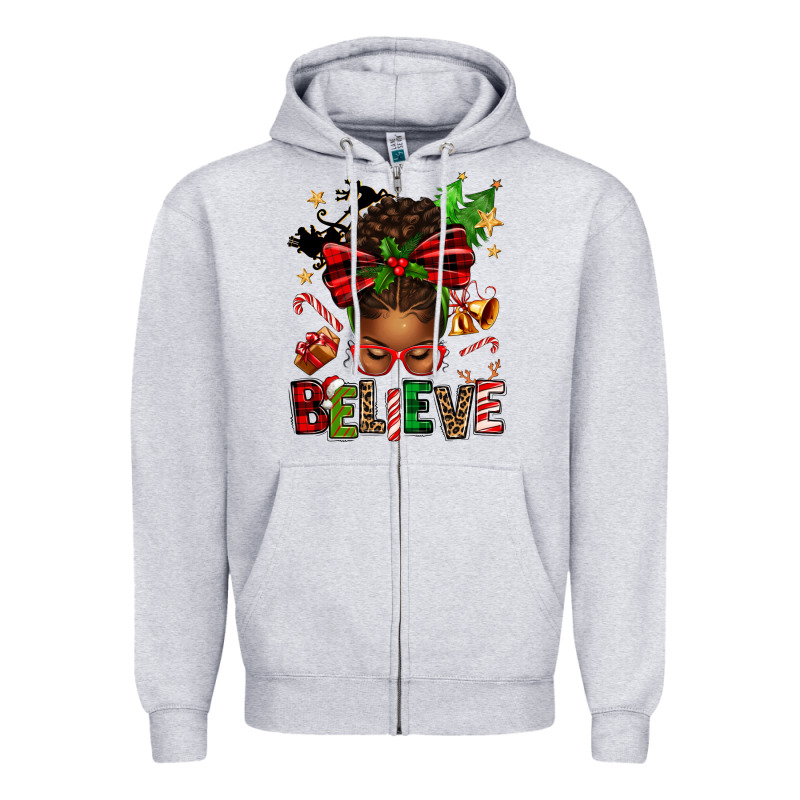 Christmas Believe Afro Messy Bun Zipper Hoodie by texasbilliewilder | Teevron
