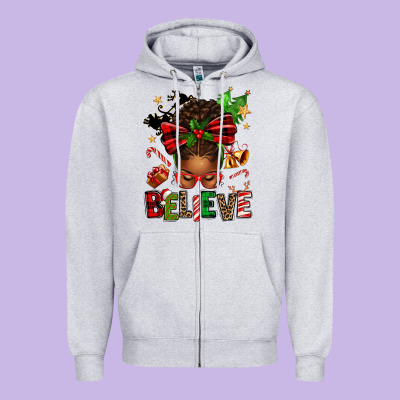 Christmas Believe Afro Messy Bun Zipper Hoodie Designed By Texasbilliewilder