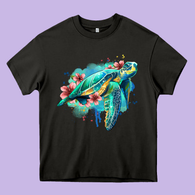 Floral Turtle Heavy Core Tee Designed By Jasminsmagicworld