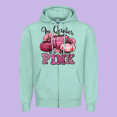 In October We Wear Pink Pumpkin Zipper Hoodie Designed By Texasbilliewilder