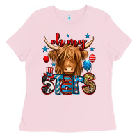 Bubblegum Pink oh my stars 4th of july shaggy cow Ladies Tee - Jasminsmagicworld