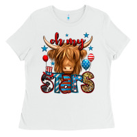 White oh my stars 4th of july shaggy cow Ladies Tee - Jasminsmagicworld