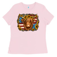 Bubblegum Pink 4th of july shaggy cow Ladies Tee - Jasminsmagicworld