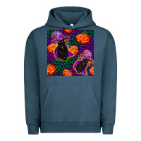 Pigment Midnight Navy witchy cat and pumpkins seamless paternal Urban Hoodie - BundleAndBundleShop