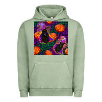 Pigment Oil Green witchy cat and pumpkins seamless paternal Urban Hoodie - BundleAndBundleShop