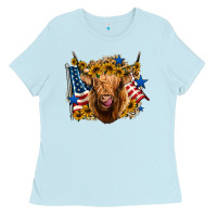 Baby Blue 4th of july shaggy cow leopard background Ladies Tee - Jasminsmagicworld