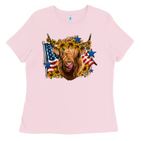 4th Of July Shaggy Cow Leopard Background Ladies Tee | Teevron