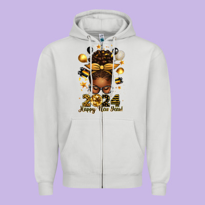 2024 Happy New Year  Afro Messy Bun Zipper Hoodie Designed By Texasbilliewilder