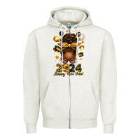 Oatmeal Heather 2024 happy new year  afro messy bun Zipper Hoodie - texasbilliewilder