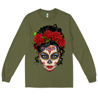 Army Green mexican sugar skull messy bun woman Long Sleeve Tee - LillyAllenDesigns