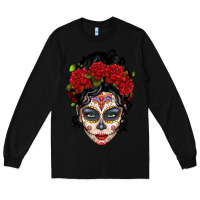 Black mexican sugar skull messy bun woman Long Sleeve Tee - LillyAllenDesigns