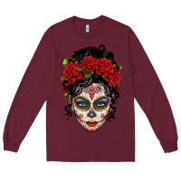 Burgundy mexican sugar skull messy bun woman Long Sleeve Tee - LillyAllenDesigns