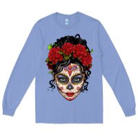 Colony Blue mexican sugar skull messy bun woman Long Sleeve Tee - LillyAllenDesigns